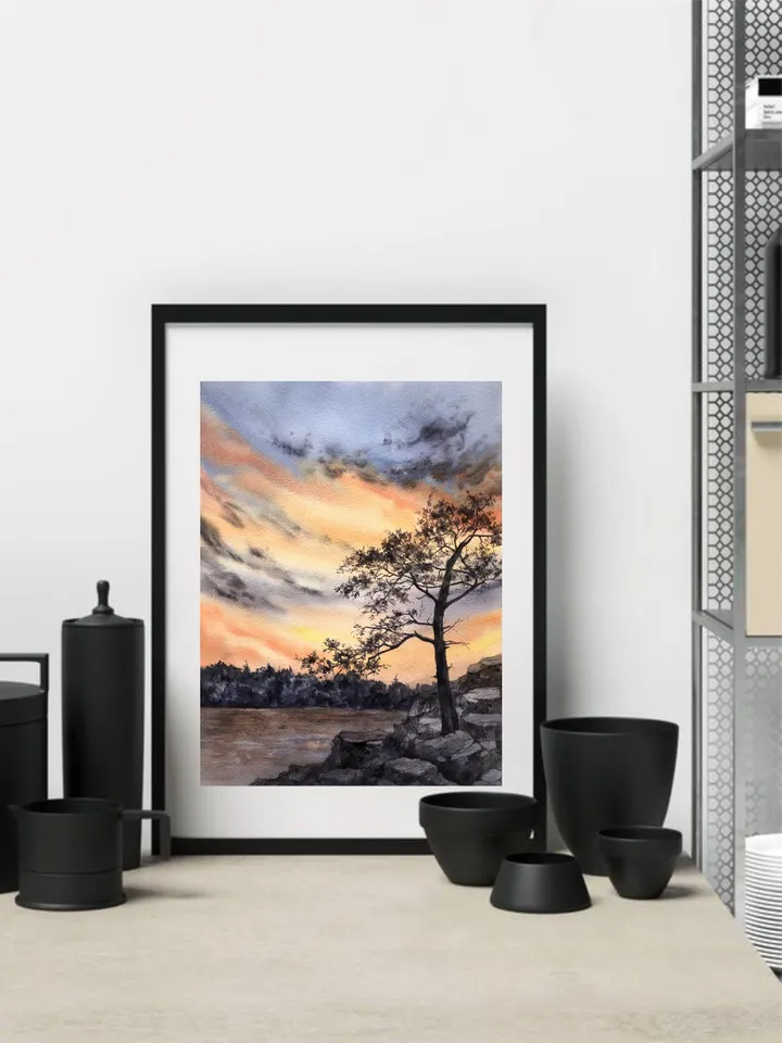 Sunset Original Painting Forest Watercolor Painting Trees Landscape Wall Art
