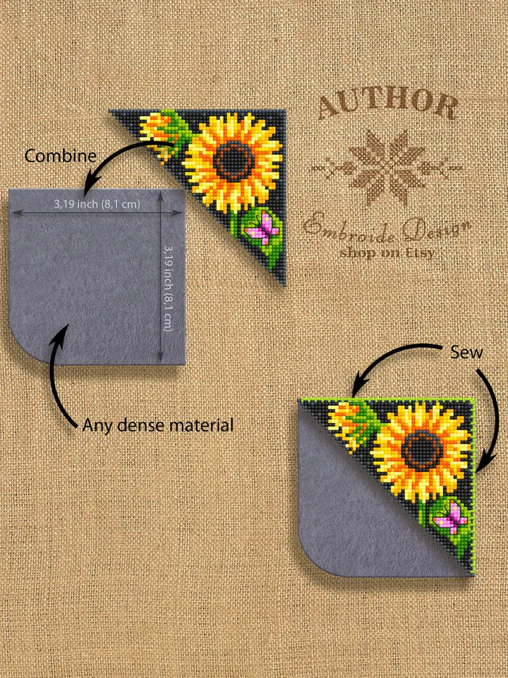 Corner bookmark sunflower cross stitch pattern PDF download Flower cross stitch chart, Floral bookmark corner, Sunflower pattern #B195