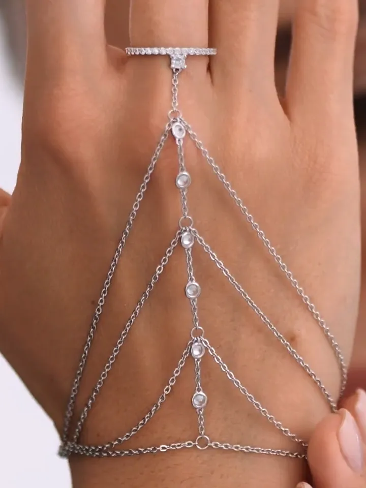 Silver bracelet for women with cubic zirconia, slave bracelet for hand, ring size 5.5-9
