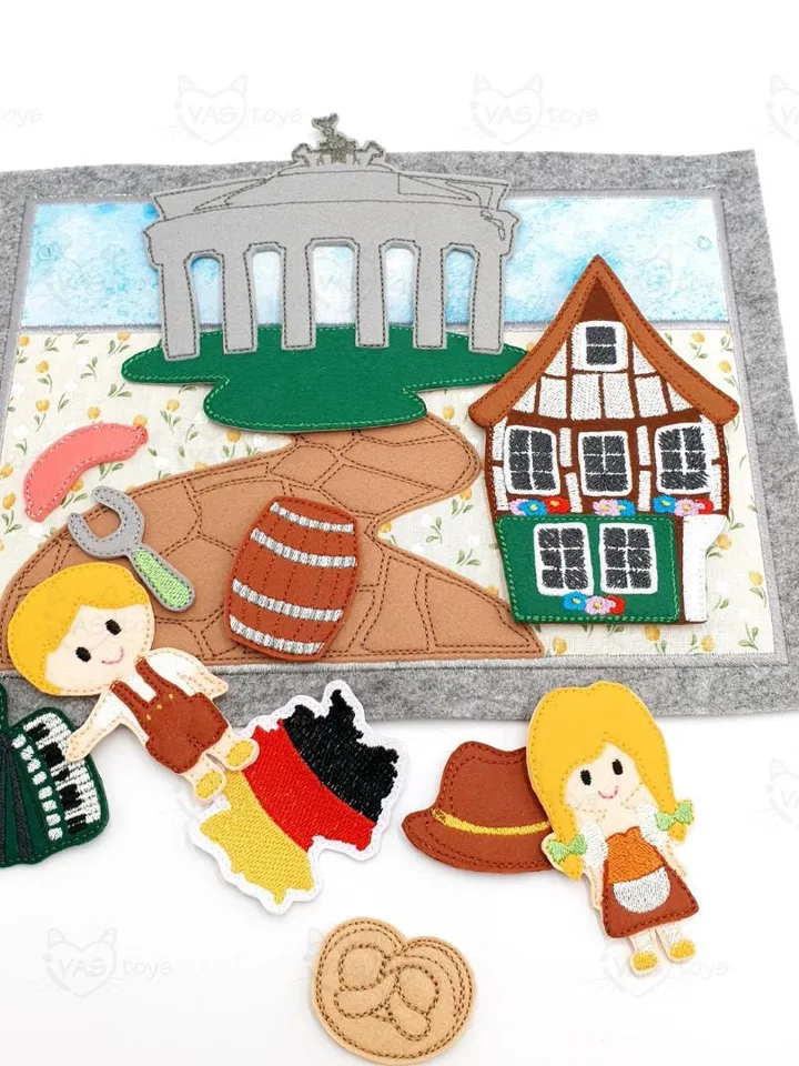 Germany Quiet Book Page & Finger Puppets ITH Embroidery Design, Felt Play Mat Set, Europe Geography Educational Toy, Digital Download