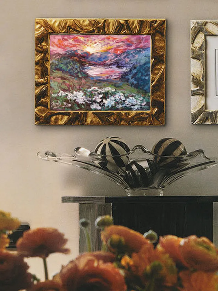 Lake Island Flowers Sunset Mountains Original Art Oil Painting impasto Artist Svinar Oksana
