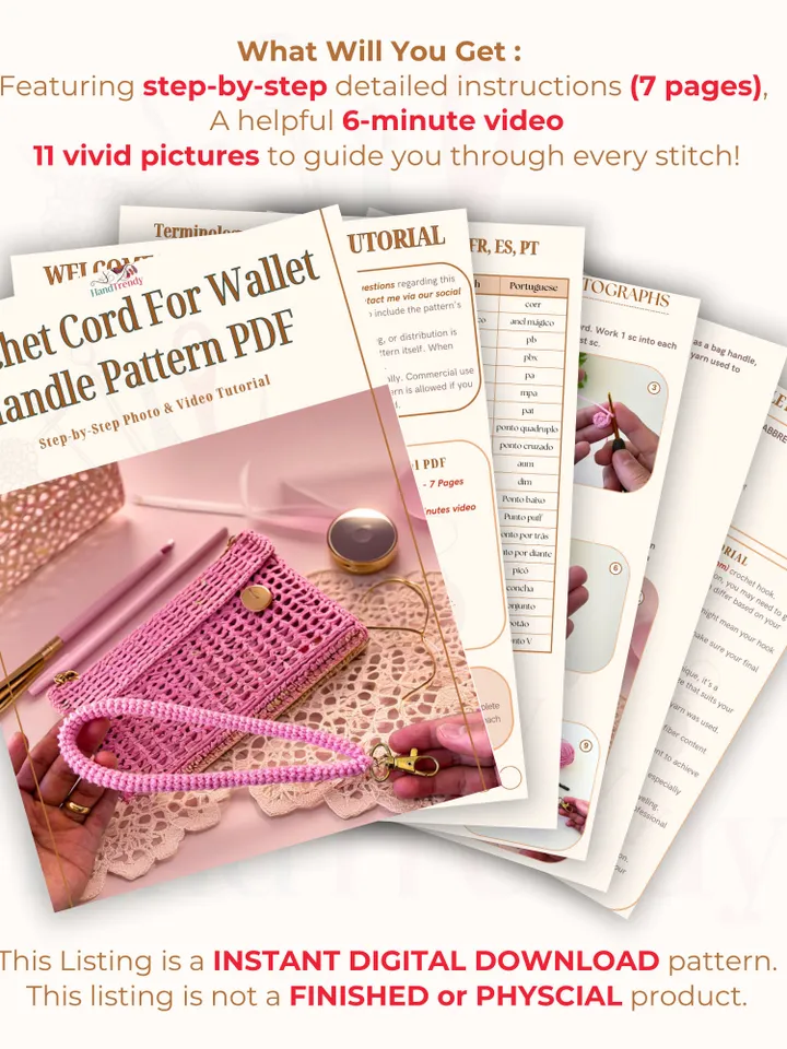Crochet Cord For Wallet Handle Pattern PDF - Simple Crochet Bag Strap Design - Beginner Bag Cord Tutorial For Your Handmade Diy Project
