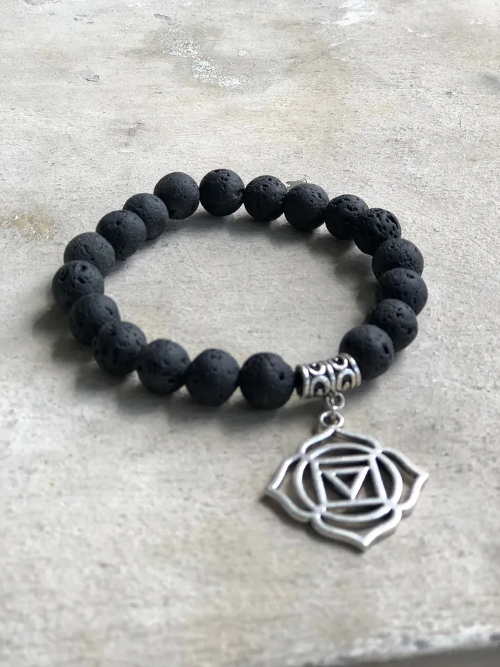 Set of Four Lava and Crystal Black Handmade Bracelet | Woman Bracelet Set | Lava Carka Buddha Ying Yang Spiritual Bali Oil Diffuser Jewerly