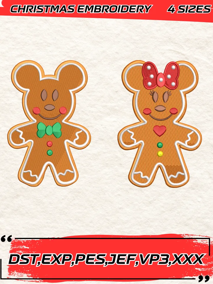 Bundle Gingerbread Mickey And Minnie Embroidery Design,Christmas Embroidery Design,4 Sizes,Digital Download