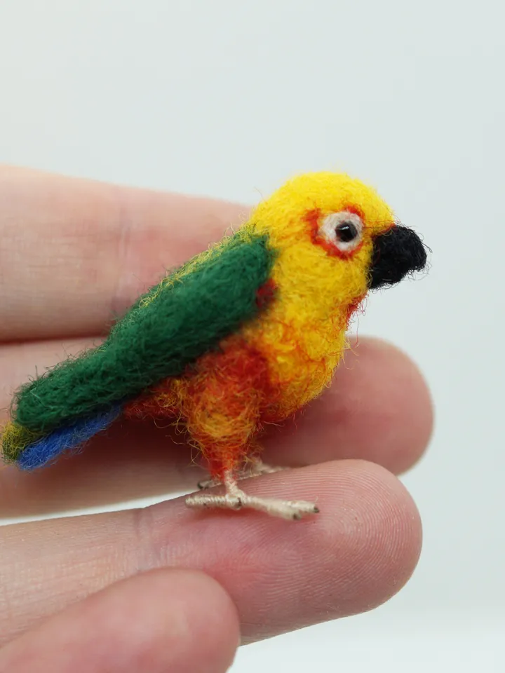 Miniature needle felted Jenday Conure, miniature parakeet, tiny parrot, made to order