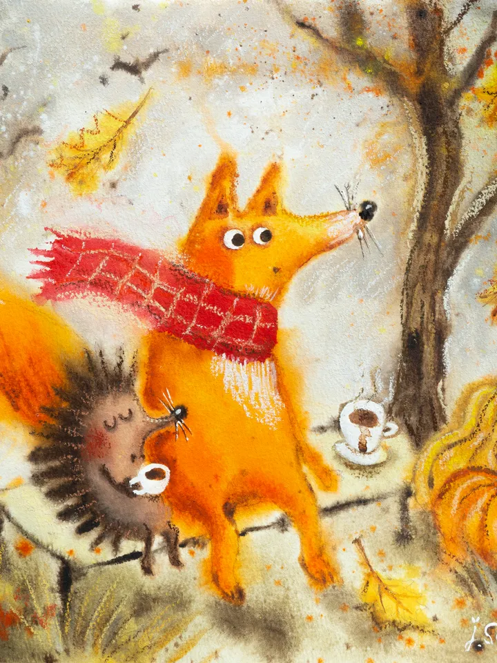 27×27cm Artwork by Julia Schigal "The Warm Autumn" - watercolor, gouache, pastel