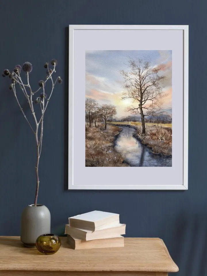 Original Landscape River Watercolor Painting Autumn Wall Art