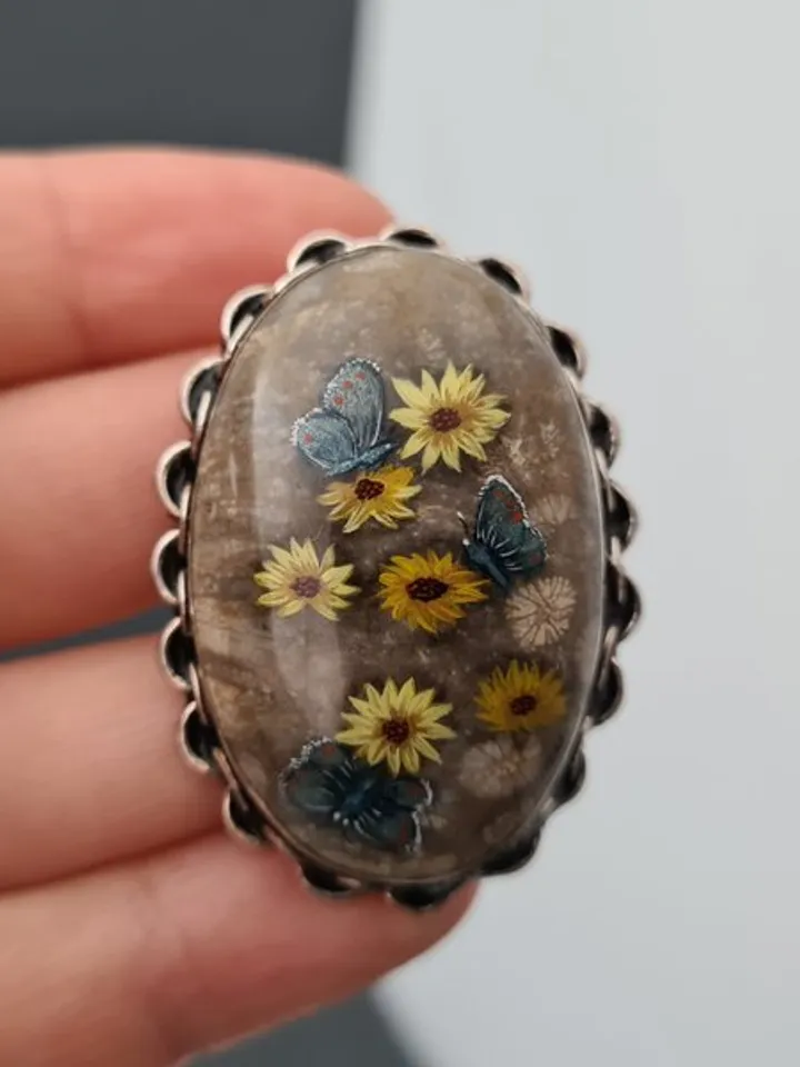 Daisies and blue moths ring Coral stone ring Stone painting