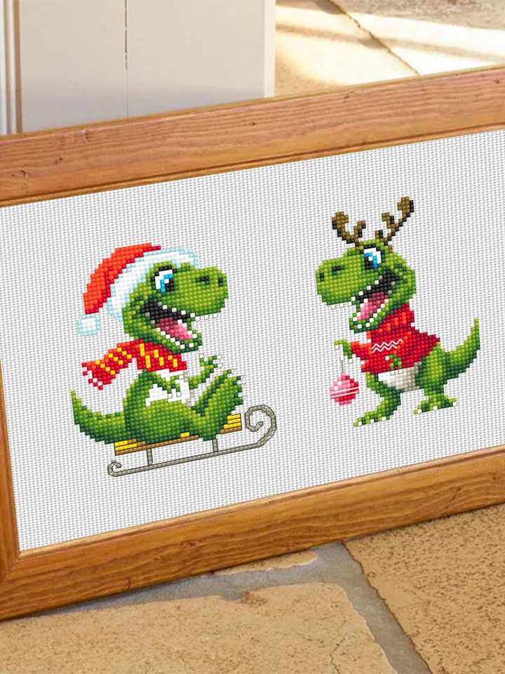 Funny dinosaur christmas cross stitch pattern PDF download, Set of 2 small dinosaur cross stitch chart, Cute dino pattern digital PDF #N116