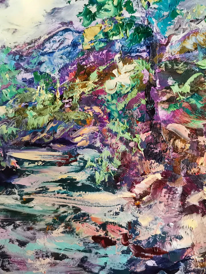 Forest Mountains River Impasto Painting Original Oil Art Artist Svinar Oksana