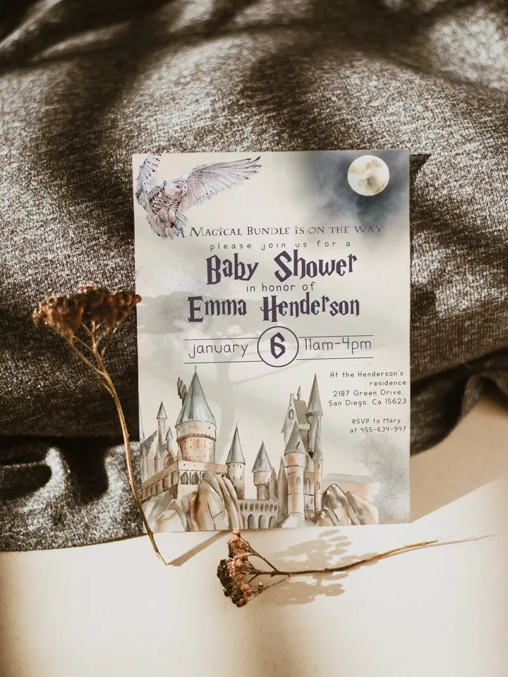 Wizard Baby Shower Invitation; Magic School Baby Schower Invite template; A Magical Bundle on the Way; Magic School Invite editable canva