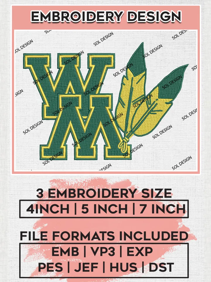 NCAA WM Tribe Football Team Letter Logo Embroidery Design Files, NCAA William & Mary Tribe Machine Embroidery, NCAA Teams, Game Day, 3 sizes, NCAA Machine embroidery designs, Digital Download