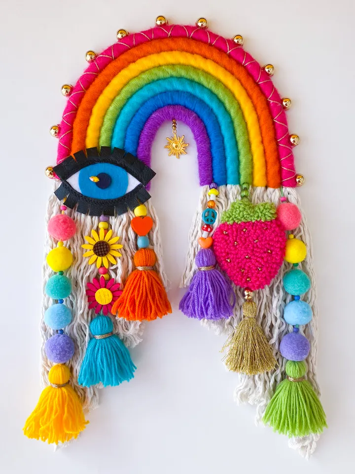 Macrame rainbow wall hanging, Evil eye and hamsa hand, Hippie room decor, Housewarming gift, Dorm room decoration