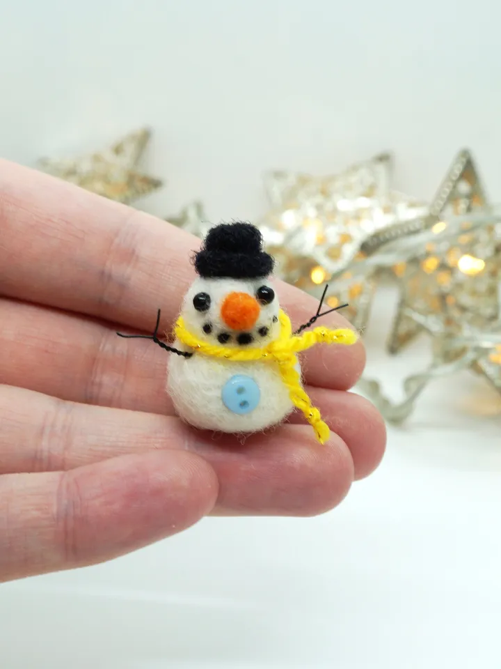 Miniature needle felted snowman in a yellow scarf, made to order