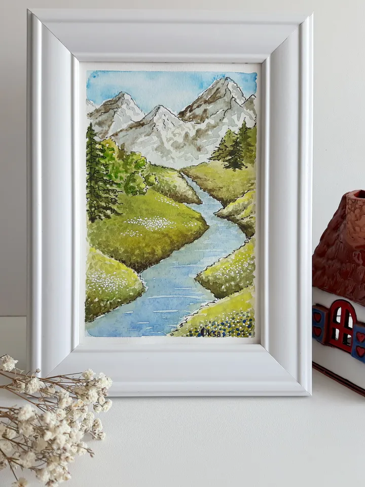 Mountain River Watercolor Art Painting/Mountain Original Painting/Art atmosphere/Europe mountain river landscape/White framed small painting