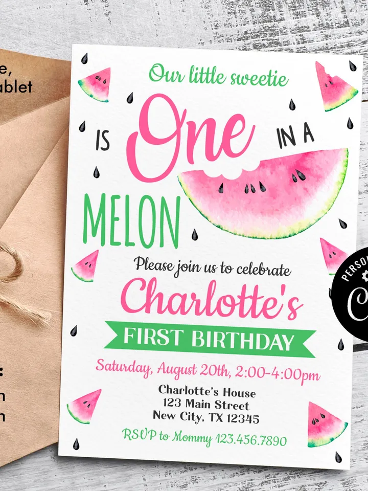 One in a melon invitation, 1st birthday invitation for girls, watermelon birthday invitation, editable template instant download
