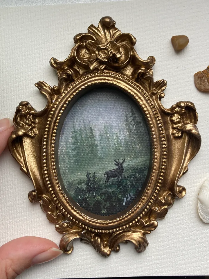 Forest Landscape Oil Painting Original In Vintage Style Frame Small Framed Oval Painting Art