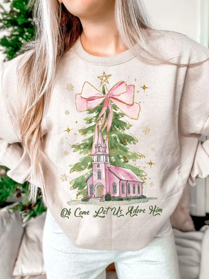 Oh Come Let Us Adore Him Png, Watercolor Christmas Tree Girly, Jesus Christmas Coquette Bow Tree Png, Christmas Lights Hand Drawn