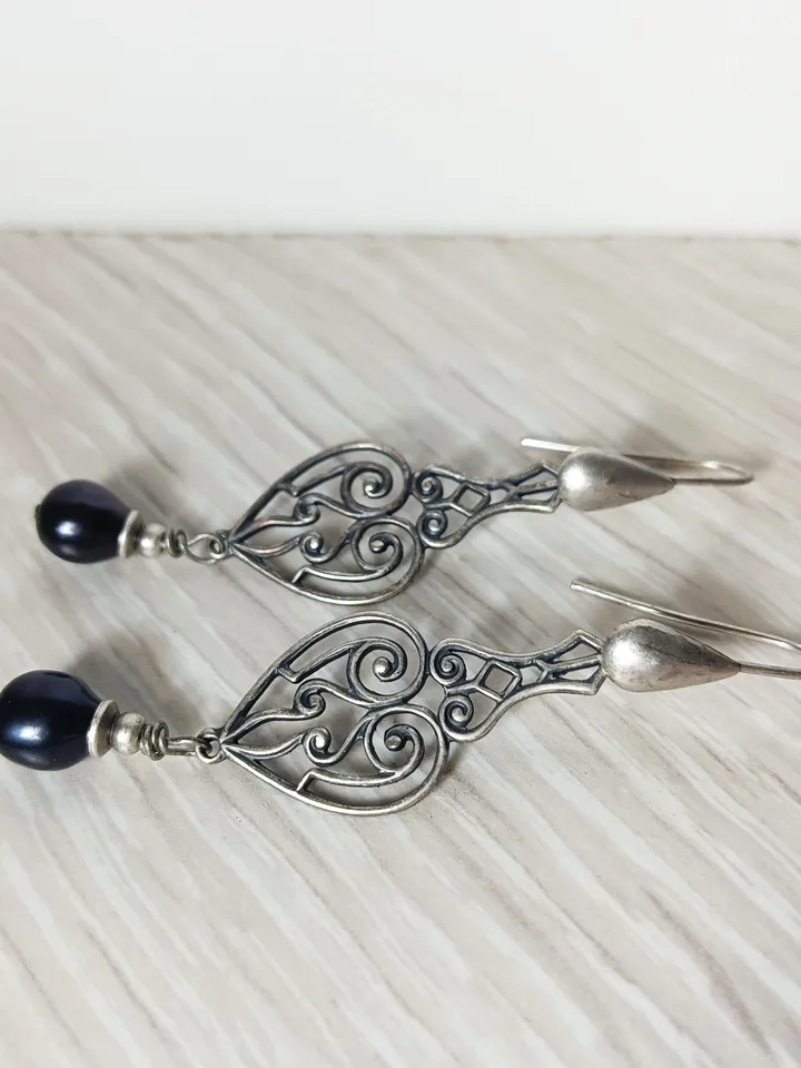 Boho Shabby chic Vintaj and Artisan Pewter permanent colored natural copper with cultured pearls beads  earrings