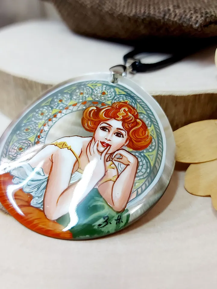 Pendant Alphonse Mucha Dream. Mother-of-pearl Hand-painted Russian jewelry magic of painting fine art jewelry Art gift Fedoskino Collectible