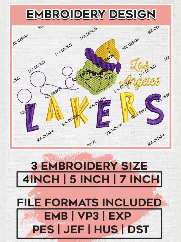 Grinch Los Angeles Lakers Embroidery Designs, Grinch Christmas Embroidery Files, NBA Los Angeles Lakers Machine Embroidery Designs, NBA Lakers Logo, NBA Christmas Machine Embroidery Design, Digital Download