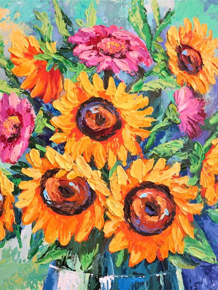 Oil Painting of Sunflower Bouquet Vibrant Floral Wall Art for Home Decor by Elena