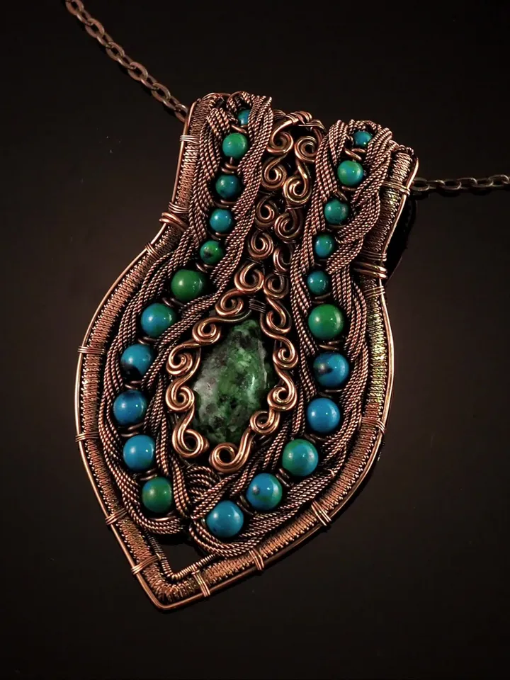 Zoisite and Chrysocolla Pendant Wire wrap copper necklace Handmade artisan jewelry
