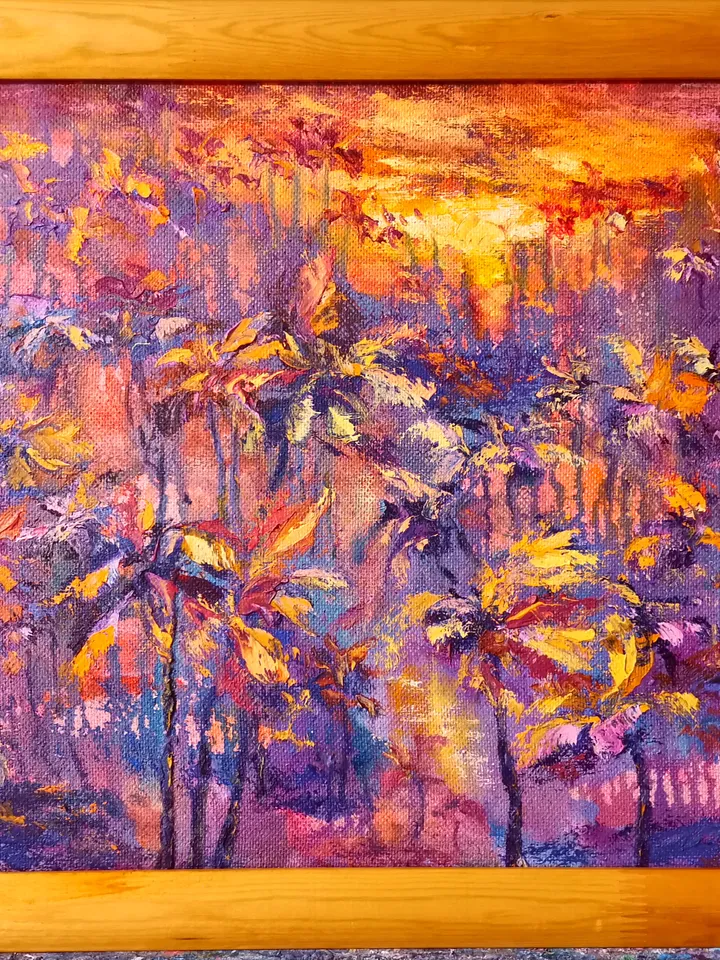 Sunset Oil Painting Original Art Palm Trees Pond Tropics Artist Svinar Oksana