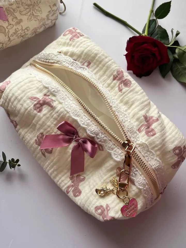 Princess Bow Makeup Pouch, Girly cosmetic bag, personal items holder, with a cute lace detail