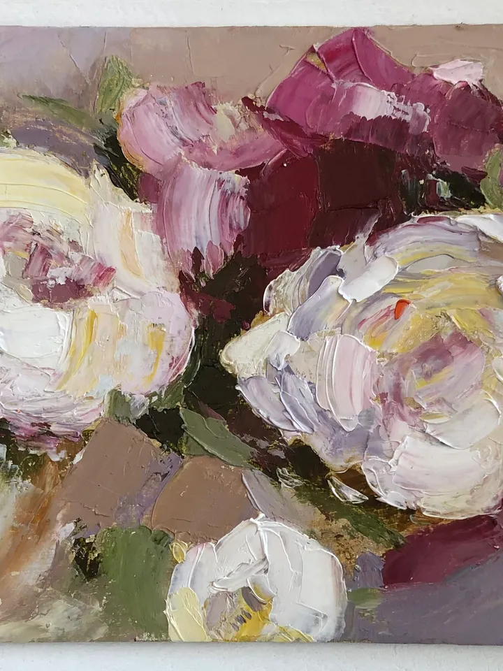 Bouquet of peonies flowers original oil painting hand painted modern impasto painting wall art 6x9 inches