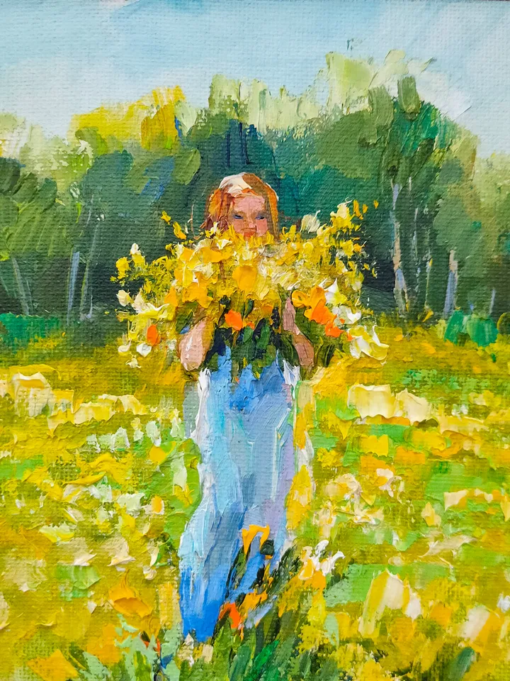 Original Art Yellow Flowers and Girl Wall Art Oil Painting Impasto Artwork Canvas Art Small Painting 6 by 6 inches