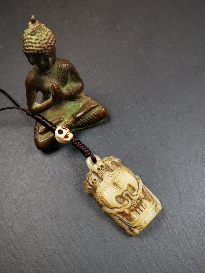 Gandhanra Tibetan Amulet,Yak Bone Carved Skull Masters of Sitavana Badge, Hand-carved Skull Pendant