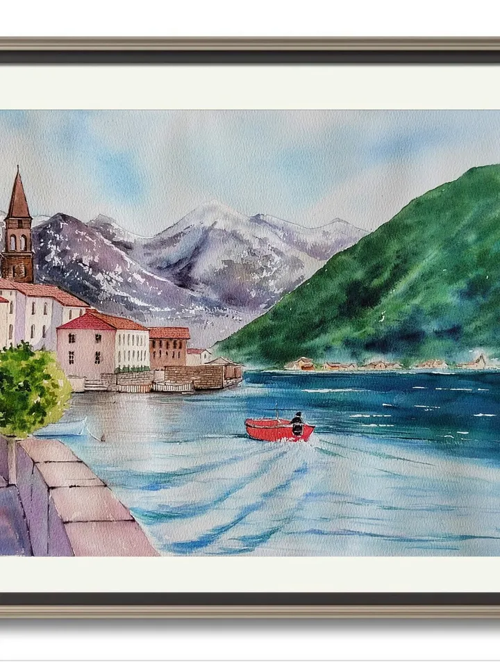 Original Watercolor Painting Montenegro Landscape Art Old Budva Artwork Coast of Montenegro Picture 30x40 cm by SoftWaves