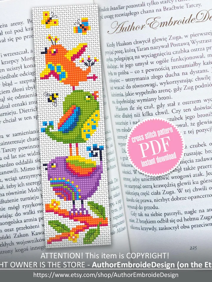 Folk bird bookmark cross stitch pattern PDF download Funny birds cross stitch chart, Cute bookmark pattern digital PDF Bird lover gift #B415