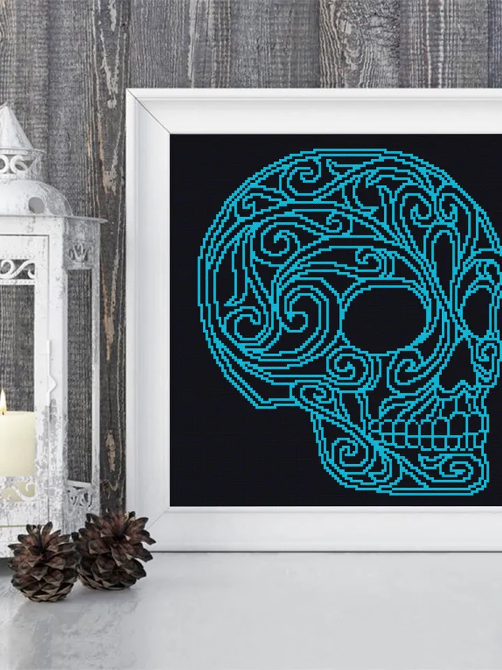Skull mandala cross stitch pattern download PDF Halloween skull embroidery, DIY home decor, Monochrome cross stitch chart Skull decor #M174