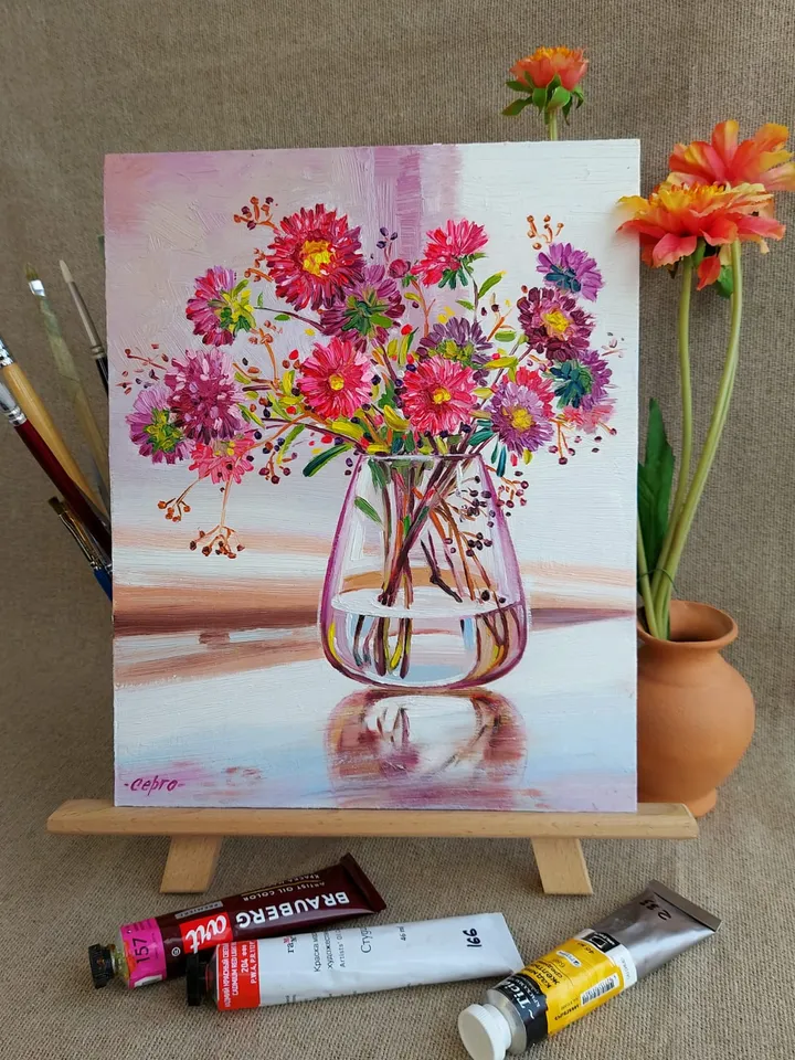 Asters Flowers Original Oil Painting Wall Art