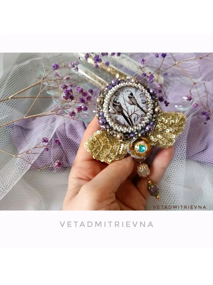 Brooch Pendant Embroidered with Birds on a branch and voluminous embroidery of leaves