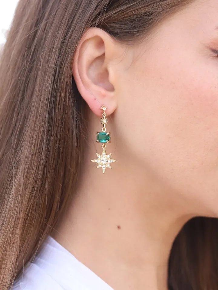 Emerald Gold Star Wedding Earrings, Moon Celestial Bridal Earrings, Boho Wedding Earrings, Statement Earrings, Wedding Jewelry