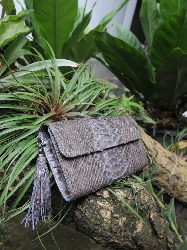 Genuine python skin classy gray flat clutch with shoulder chain | elegant evening women purse | designer leather bags | small snake bag