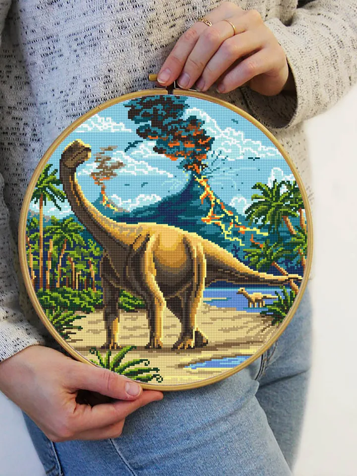 Dinosaur cross stitch pattern download PDF, Ancient animal cross stitch chart, Nature landscape cross stitch, Dinosaur world embroidery #D1