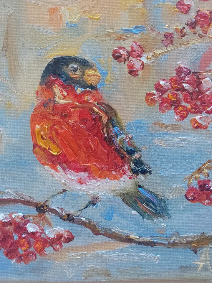 Oil painting on canvas "Bird. Bullfinch" 20x20cm (8x8 inch)