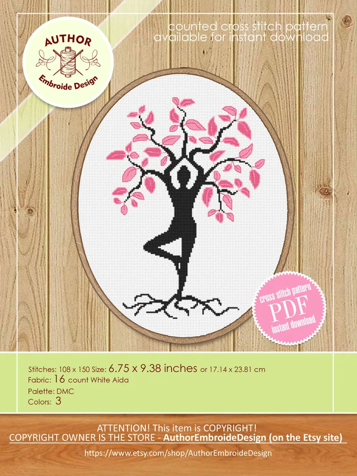 Yoga tree of life cross stitch pattern PDF Woman tree cross stitch Instant download PDF, Yoga decor, Nature yoga cross stitch chart #M191