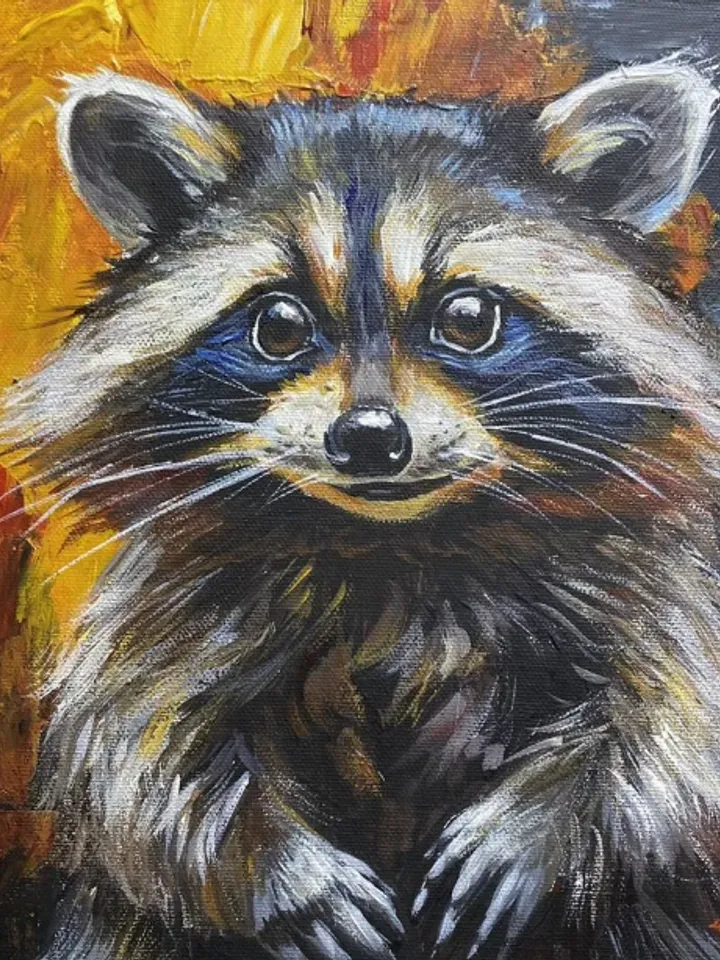 Painting on canvas “Hello, I'm a raccoon”, acrylic, size 30 x 30 cm