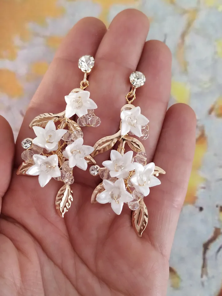 Porcelain Flower Wedding Earrings , Gold Floral Bridal Earrings, Gold Chandelier Statement Earrings For Bride, Bridesmaid Gift, Jewelry
