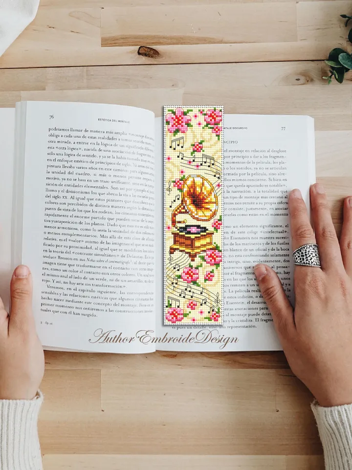 Music bookmark cross stitch pattern PDF instant download Vintage gramophone cross stitch chart, Flower bookmark pattern digital PDF #B411