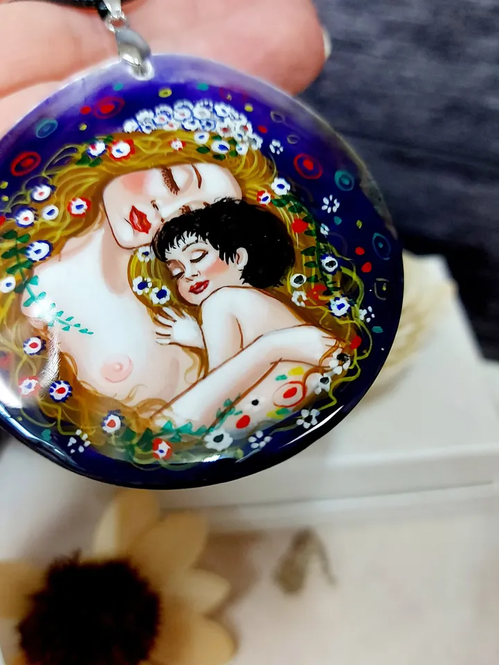 Pendant "Mother and child" Gustav Klimt Mother-of-pearl hand-painted Russian jewelry Summer jewelry fine art jewelry miniature painting