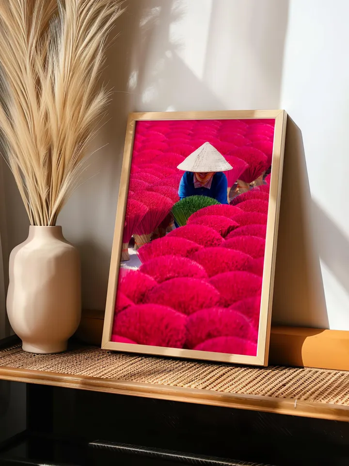 Vietnam Culture Poster | Vibrant Pink Wall Decor | Asian Travel Print | Exotic Home Art | Vietnamese Traditional Life Print | Incense Sticks