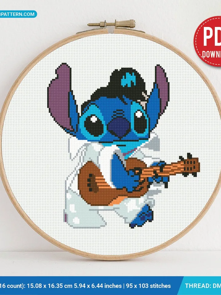 Stitch Elvis Presley, Lilo and Stitch cross stitch pattern, Love Hawaii, nursery decor, beginner, modern chart, DIY, embroidery, instant PDF