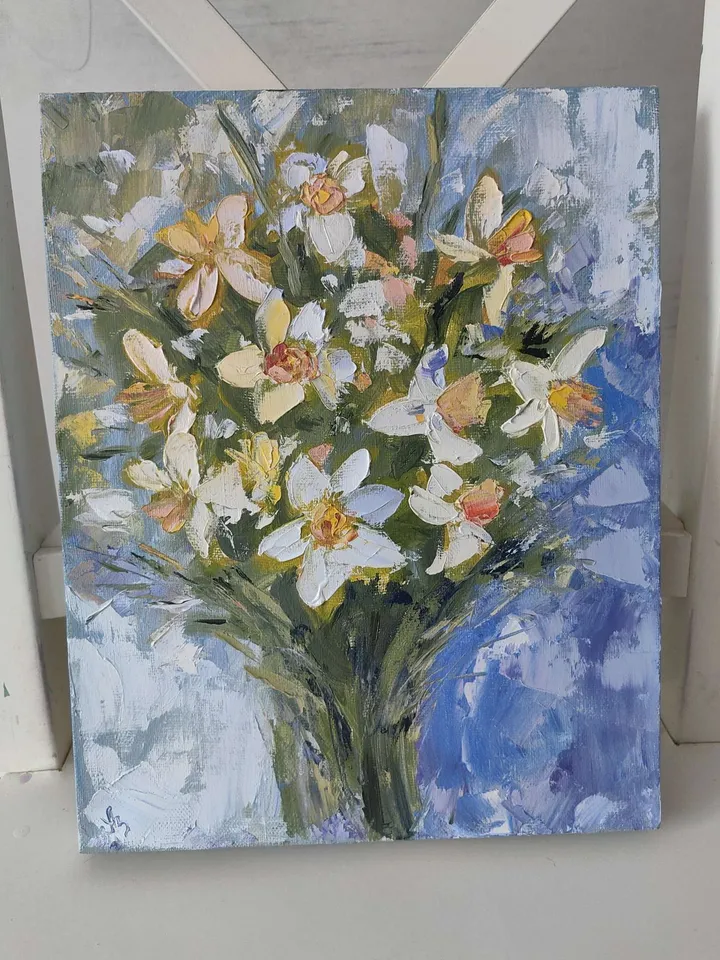Narcissus Original Oil Panting Bouquet Of White Daffodils Wall Art