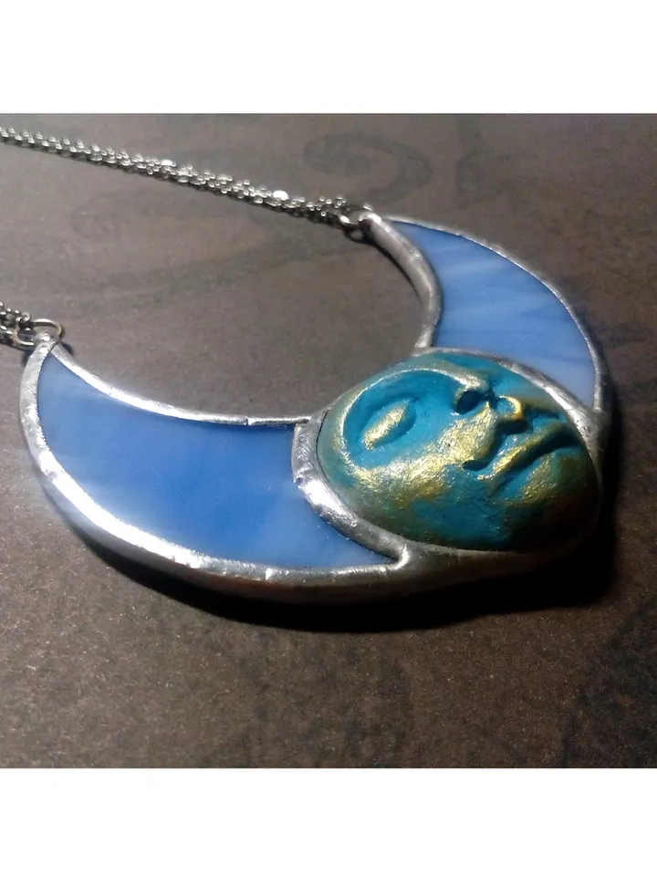 Stained glass blue moon, Moon Goddess, Moon phase necklace, Stainglass crescent, Full moon pendant, Moon face necklace